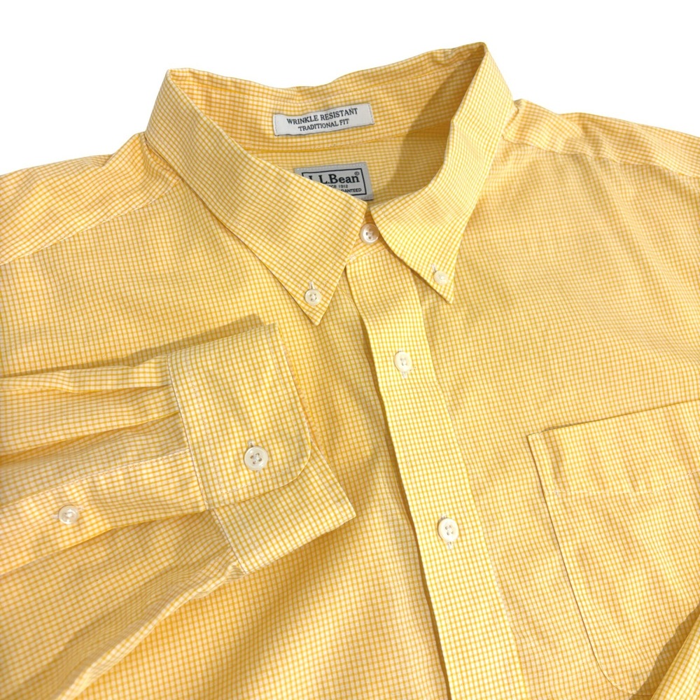 LL Bean Button Down Shirt Mens XXL Yellow Gingham Wrinkle Resistant Big Plus